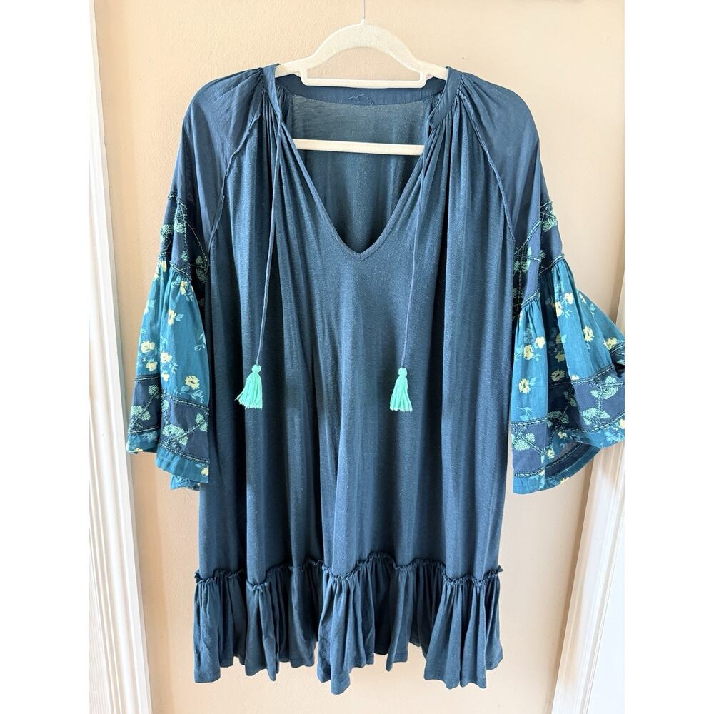 Free People Oversized Boho Tunic Dress Large Washed Teal Bead Sleeve Tassel Mini - Picture 2 of 8